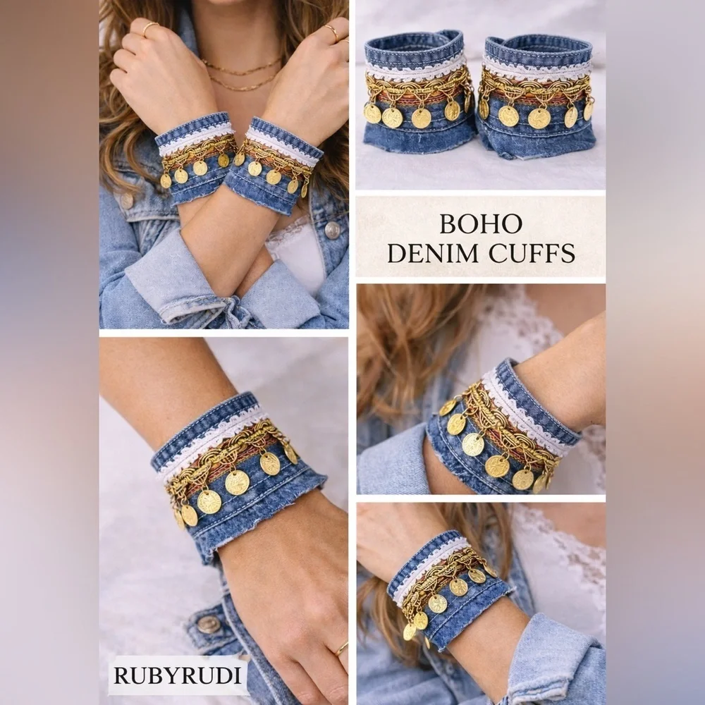 RUBYRUDI Artisan Denim Cuff Bracelet Set Shabby Chic Tattered Raw Edge Signed